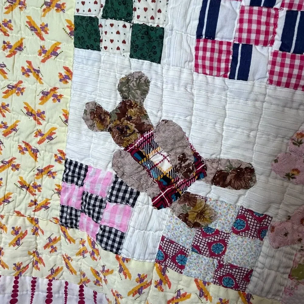 Vintage 90s Handmade Hand-quilted Applique Colorful Baby/Child Crib Quilt